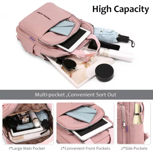 FORRICA Ženski ruksak s USB priključkom za punjenje, vodootporni školski najlonski ruksak, rozi