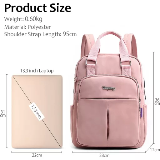FORRICA Női Hátizsák USB Töltőporttal Vízálló Iskolai Nylon Daypack Rózsaszín