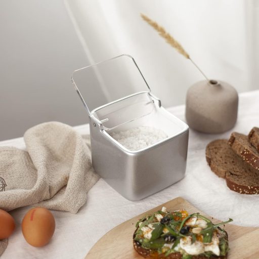 KOOK TIME Solniță ceramică cu capac transparent - Recipient de depozitare pentru bucătărie, pentru sare, zahăr, făină - Accesoriu de bucătărie gri argintiu, 11,2 cm