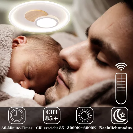 Lampa LED de Plafon Modernă din Lemn FitzMia - Cu Telecomandă, Intensitate Luminoasă Reglabilă, 3 Temperaturi de Culoare, Funcție Lumină de Noapte, Living, Dormitor