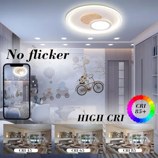 Lampa LED de Plafon Modernă din Lemn FitzMia - Cu Telecomandă, Intensitate Luminoasă Reglabilă, 3 Temperaturi de Culoare, Funcție Lumină de Noapte, Living, Dormitor