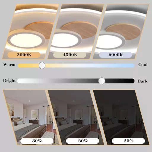 Lampa LED de Plafon Modernă din Lemn FitzMia - Cu Telecomandă, Intensitate Luminoasă Reglabilă, 3 Temperaturi de Culoare, Funcție Lumină de Noapte, Living, Dormitor