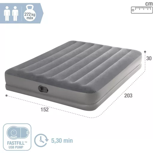 Intex Dura-Beam Prestige önfelfújó dupla matrac USB pumpával, 152x203 cm - 152x203x30 cm, Grey