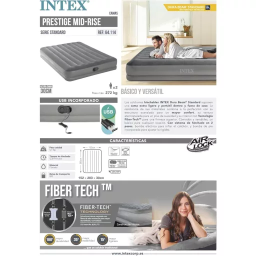 Intex Dura-Beam Prestige önfelfújó dupla matrac USB pumpával, 152x203 cm - 152x203x30 cm, Grey