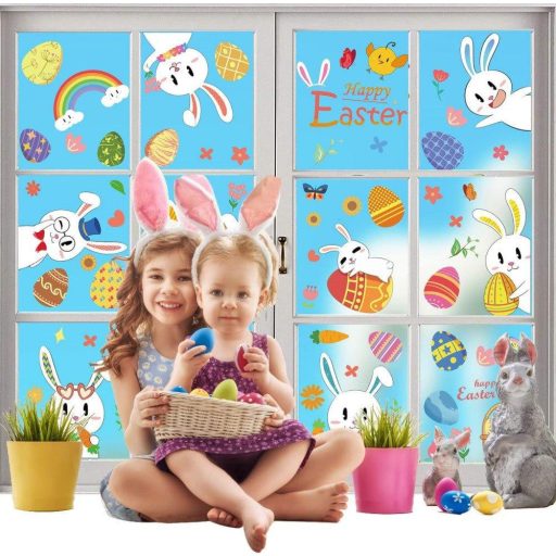 Húsvéti ablakmatrica, 9 db paszkáli üvegfesték, Paszkáli nyuszis matrica, Paszkáli tojás