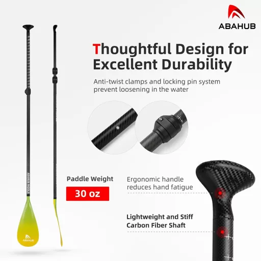 Abahub karbonsko SUP veslo iz 3 dijela s torbom, teleskopsko 170-218 cm, s plastičnom lopaticom, žutim uzorkom valova, za SUP dasku