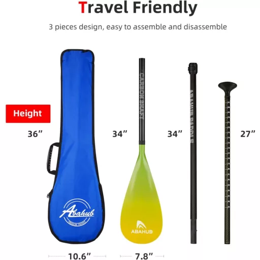 Abahub karbonsko SUP veslo iz 3 dijela s torbom, teleskopsko 170-218 cm, s plastičnom lopaticom, žutim uzorkom valova, za SUP dasku