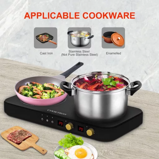 Plită cu inducție portabilă COOKTRON cu 2 zone de gătit, tigaie grill din fontă, 2800W, blocare acces copii
