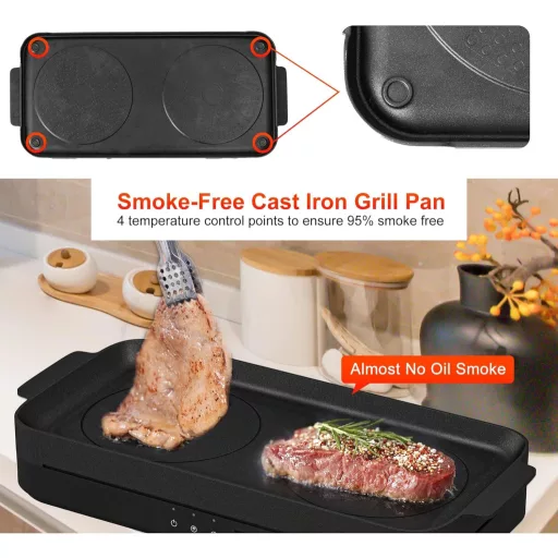 COOKTRON Hordozható Indukciós Főzőlap 2 égővel, Öntöttvas Grillserpenyő, 2800W, Gyermekzár