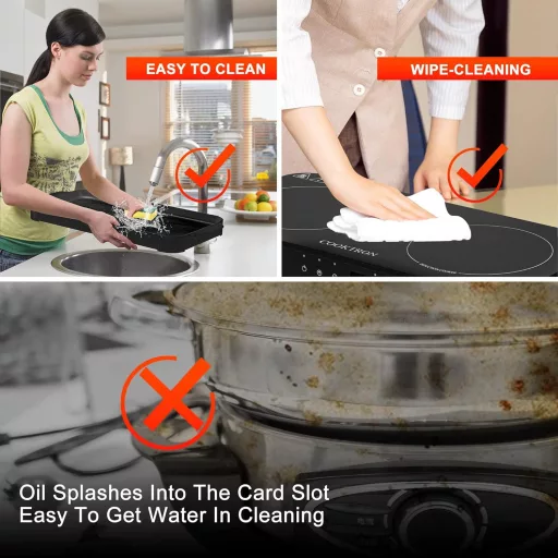 Plită cu inducție portabilă COOKTRON cu 2 zone de gătit, tigaie grill din fontă, 2800W, blocare acces copii