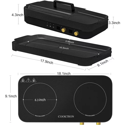 Plită cu inducție portabilă COOKTRON cu 2 zone de gătit, tigaie grill din fontă, 2800W, blocare acces copii