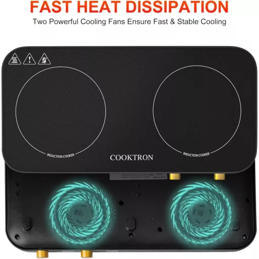 Plită cu inducție portabilă COOKTRON cu 2 zone de gătit, tigaie grill din fontă, 2800W, blocare acces copii