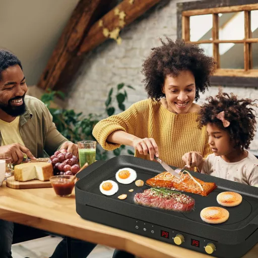 Plită cu inducție portabilă COOKTRON cu 2 zone de gătit, tigaie grill din fontă, 2800W, blocare acces copii