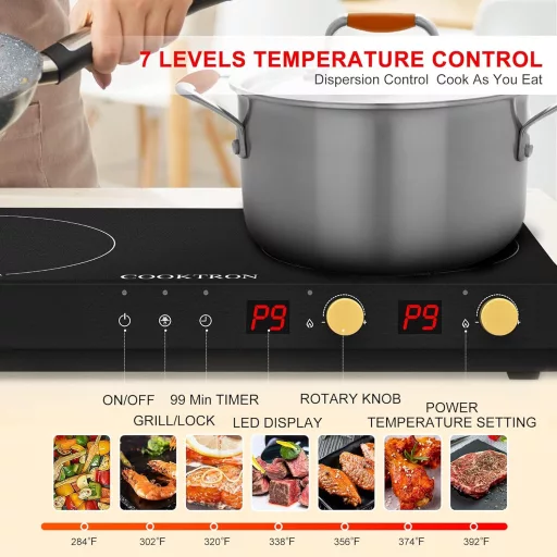 Plită cu inducție portabilă COOKTRON cu 2 zone de gătit, tigaie grill din fontă, 2800W, blocare acces copii