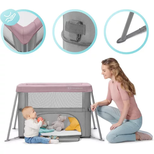 Kinderkraft MOVI ružičasti krevet za roditelje, krevetić koji se spaja, krevet za novorođenče i bebu