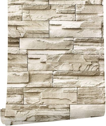 myforHD Samolepiaca vintage tapeta s tehlovým vzorom – béžová imitácia kameňa, dekorácia na stenu, nábytok, dvere – vodeodolná PVC nálepka na stenu (45 x 300 cm)