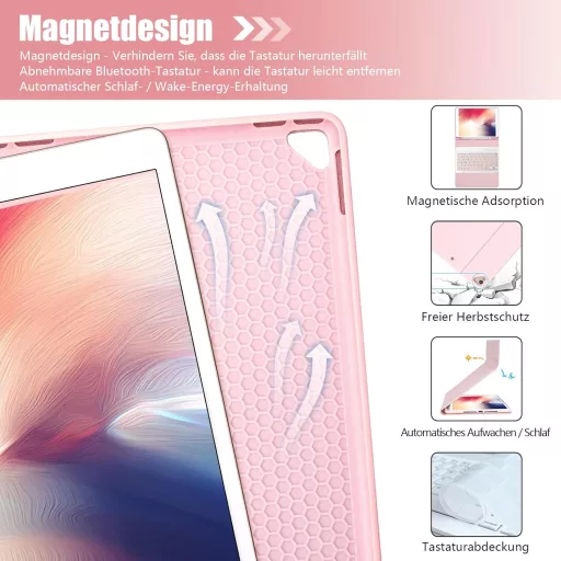 HOTLIFE Bluetooth Billentyűzet Tok iPad 10.2" - Mágneses QWERTZ Német Billentyűzet Rózsaszín