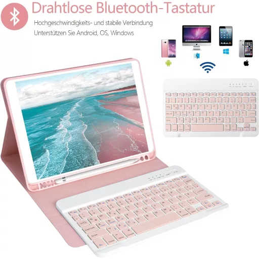 Puzdro s Bluetooth klávesnicou HOTLIFE pre iPad 10.2" – Magnetická nemecká klávesnica QWERTZ, ružová