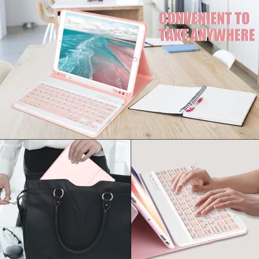 Puzdro s Bluetooth klávesnicou HOTLIFE pre iPad 10.2" – Magnetická nemecká klávesnica QWERTZ, ružová