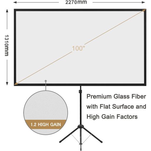 excelimage Hordozható Vetítővászon Állvánnyal 100" (227x131cm) - 16:9 Méretarány, 4K HD Minőség, Könnyű Összecsukható Tripod, Kültéri/Beltér