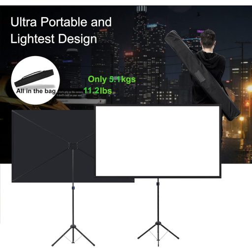 excelimage Hordozható Vetítővászon Állvánnyal 100" (227x131cm) - 16:9 Méretarány, 4K HD Minőség, Könnyű Összecsukható Tripod, Kültéri/Beltér