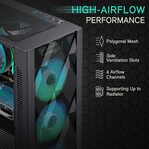 MUSETEX ATX Mid-Tower Gaming PC ház 6 ARGB ventilátorral, üvegpanellel
