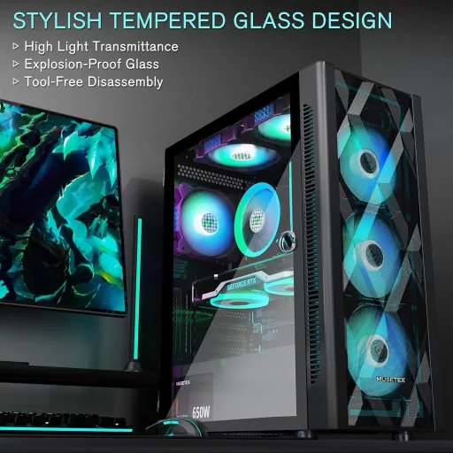 MUSETEX ATX Mid-Tower Gaming PC ház 6 ARGB ventilátorral, üvegpanellel