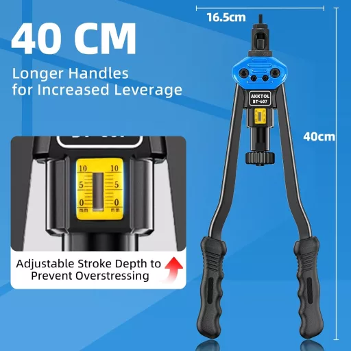 Set clește nituri pop AKKTOL 40cm - 80 nituri pop M3-M12, adâncime reglabilă, prelucrare tablă, mecanică auto, unealtă profesională