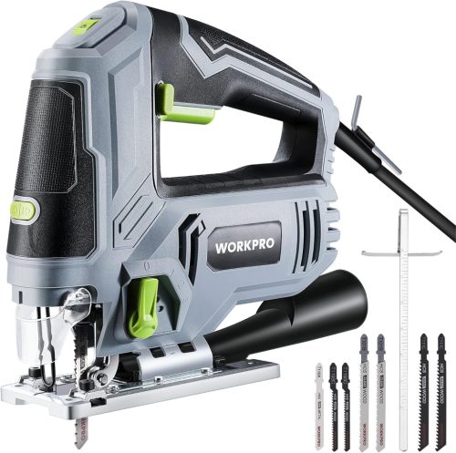 WORKPRO Fierăstrău vertical 850W - 6 trepte de viteză, 4 poziții pendulare, iluminare LED, unghi de tăiere ±45°, cu funcție de aspirare a prafului, 7 lame de fierăstrău, pentru lemn și metal