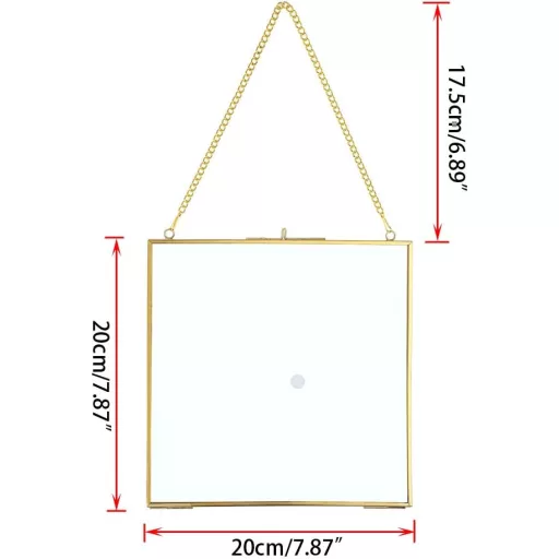 SUMNACON Zlatý kovový rám na fotky so sklom 20 cm štvorcový, závesný rám na fotky a lisované kvety