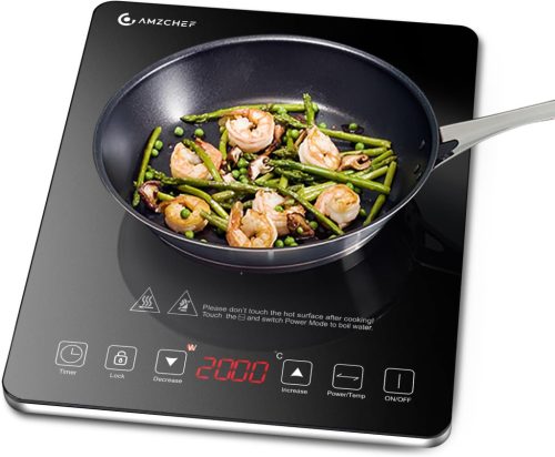 AMZCHEF Indukčná varná doska – Ultratenká strieborná jednozónová platňa s výkonom 2000 W, 20 úrovní teploty, funkciou časovača a bezpečnostným zámkom