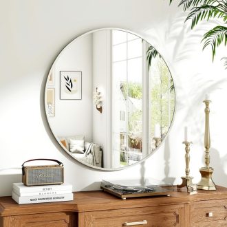   Koonmi 70cm Kerek Falitükör Ezüst Fém Kerettel Fürdőszoba Nappali Hálószoba