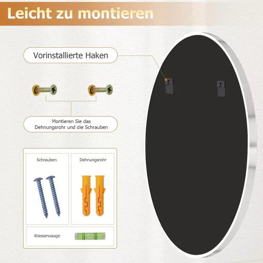 Koonmi 70cm Kerek Falitükör Ezüst Fém Kerettel Fürdőszoba Nappali Hálószoba