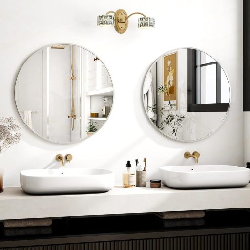 Oglindă rotundă de perete Koonmi 70 cm cu ramă metalică argintie pentru baie, sufragerie, dormitor