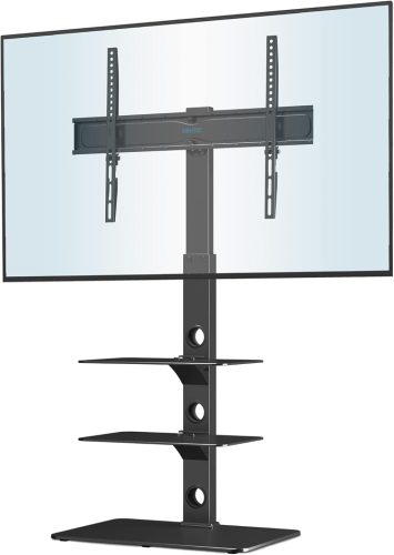 Suport TV BONTEC pentru televizoare de 30-70 inch, suport de podea reglabil pe înălțime cu 3 rafturi din sticlă securizată, capacitate de încărcare 40 kg, VESA 600x400mm