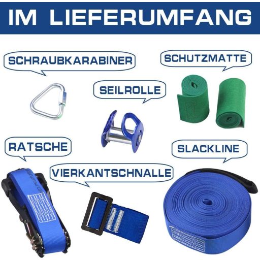 BUBBLEBAY Slackline Szett 15 m Kötéllel és Fa Védelemmel - Egyensúlyozó Kötélpálya Akadálypályához - Kültéri Egyensúlyfejlesztő Edzőeszköz