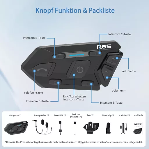 WAYXIN R6S Cască Moto - Sistem de Comunicare Bluetooth cu Rază de Acțiune de 1200m, Conectare 6 Motocicliști, Rezistentă la Apă, Hands-Free, Anulare Zgomot
