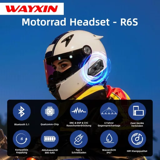 WAYXIN R6S Motoros Headset - 1200m Hatótávolságú Bluetooth Kommunikációs Rendszer 6 Motoros Összekapcsolásával, Vízálló, Kihangosító, Zajszű