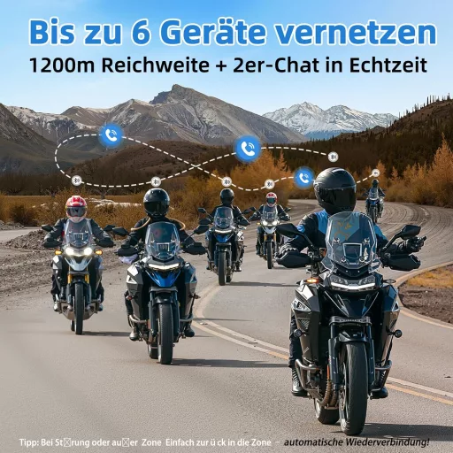 WAYXIN R6S Cască Moto - Sistem de Comunicare Bluetooth cu Rază de Acțiune de 1200m, Conectare 6 Motocicliști, Rezistentă la Apă, Hands-Free, Anulare Zgomot