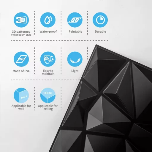 Art3d 3D Gyémánt Falpanel 30x30cm Matt Fekete PVC 33db Szett