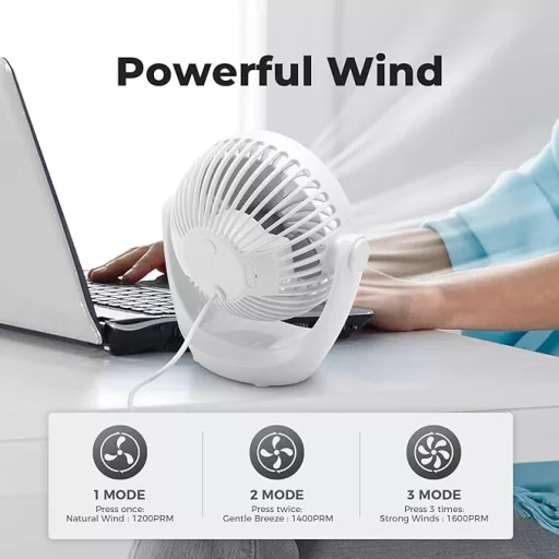 Stolný USB ventilátor OCOOPA, 3 rýchlosti, otočná hlava o 360°, tichá prevádzka so silným prúdením vzduchu, prenosný do kancelárie, domácnosti aj exteriéru