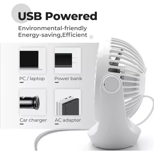 Stolný USB ventilátor OCOOPA, 3 rýchlosti, otočná hlava o 360°, tichá prevádzka so silným prúdením vzduchu, prenosný do kancelárie, domácnosti aj exteriéru