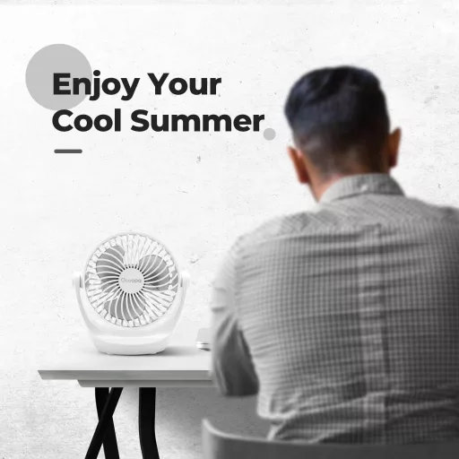 Stolný USB ventilátor OCOOPA, 3 rýchlosti, otočná hlava o 360°, tichá prevádzka so silným prúdením vzduchu, prenosný do kancelárie, domácnosti aj exteriéru