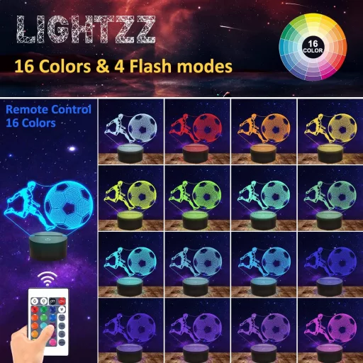 3D LED stolná lampa futbalová lopta Lightzz s diaľkovým ovládaním, 16 farieb, nočné svetlo pre chlapcov