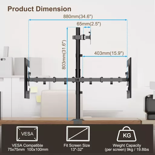 Suport monitor PUTORSEN pentru 3 monitoare de 13-32 inch, braț de 80 cm, rotativ, înclinabil, reglabil pe înălțime, 9 kg/braț, VESA 75x75/100x100
