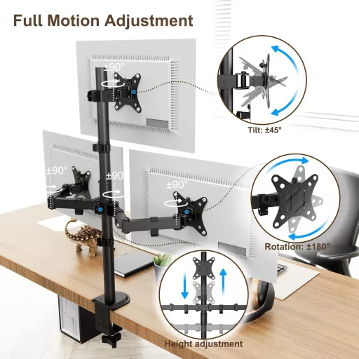 PUTORSEN Monitor Tartó 3 Monitoros 13-32 Colos Képernyőkhöz, 80 cm-es Rúd, Forgatható, Dönthető, Állítható Magasságú, 9 kg/Kar, VESA 75x75/1