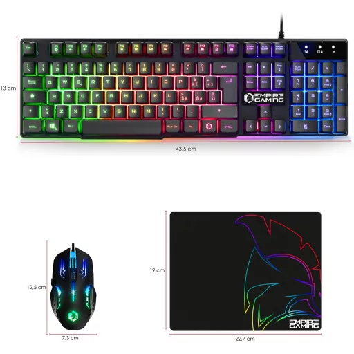 EMPIRE GAMING MK800 Set Gamer 3-în-1 - Tastatură RGB cu 19 Taste Anti-Ghosting, Mouse Ergonomic RGB 2400 DPI, Mousepad - PC PS4 PS5 Xbox