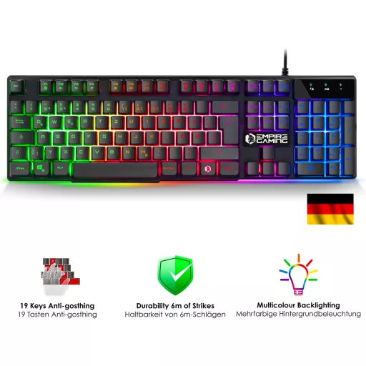 EMPIRE GAMING MK800 3 v 1 Herný Set - RGB Herná Klávesnica QWERTZ Nemecké Rozloženie, Ergonomická RGB Myš 2400 DPI, Podložka pod Myš PC PS4 PS5