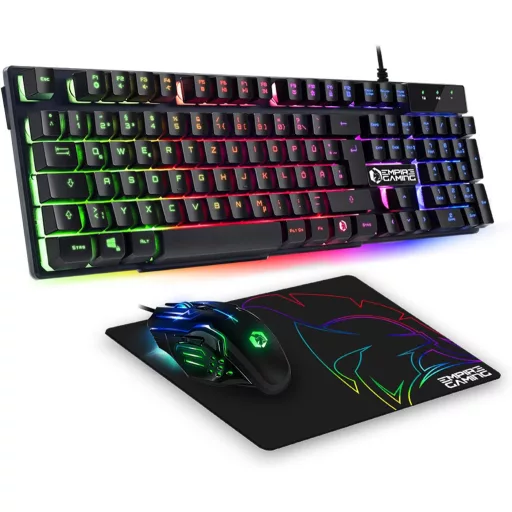 EMPIRE GAMING MK800 3 v 1 Herný Set - RGB Herná Klávesnica QWERTZ Nemecké Rozloženie, Ergonomická RGB Myš 2400 DPI, Podložka pod Myš PC PS4 PS5