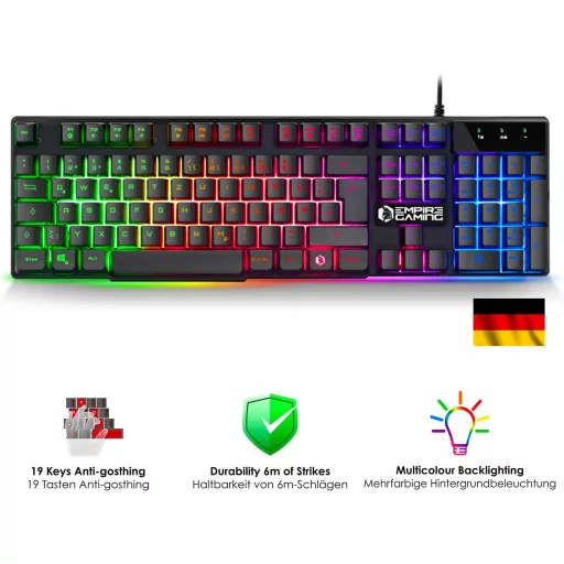 EMPIRE GAMING MK800 Set Gamer 3 în 1 - Tastatură Gamer RGB QWERTZ Layout German, Mouse Ergonomic RGB 2400 DPI, Mousepad PC PS4 PS5